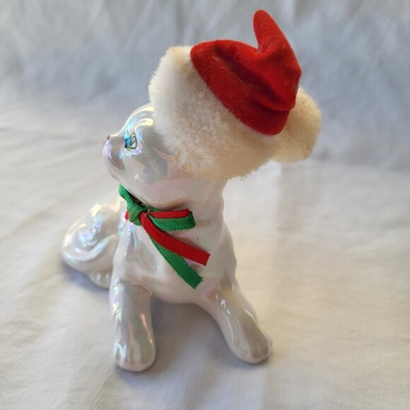 Vintage Iridescent Cat Figurine Christmas Kitty with Santa Hat Enesco 80's - Picture 4 of 8